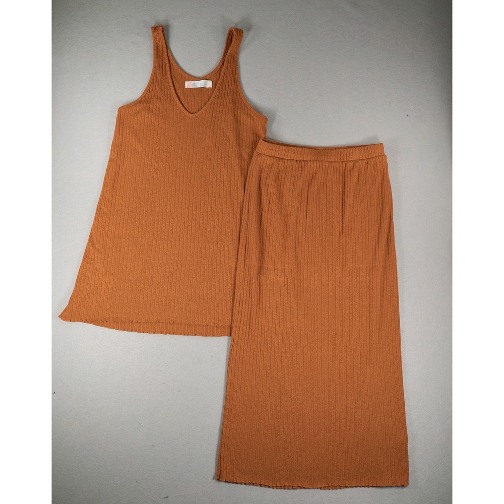 Free People Beach Womens 2 Piece Ribbed Knit Tank Top Maxi Skirt Set Rust Size M